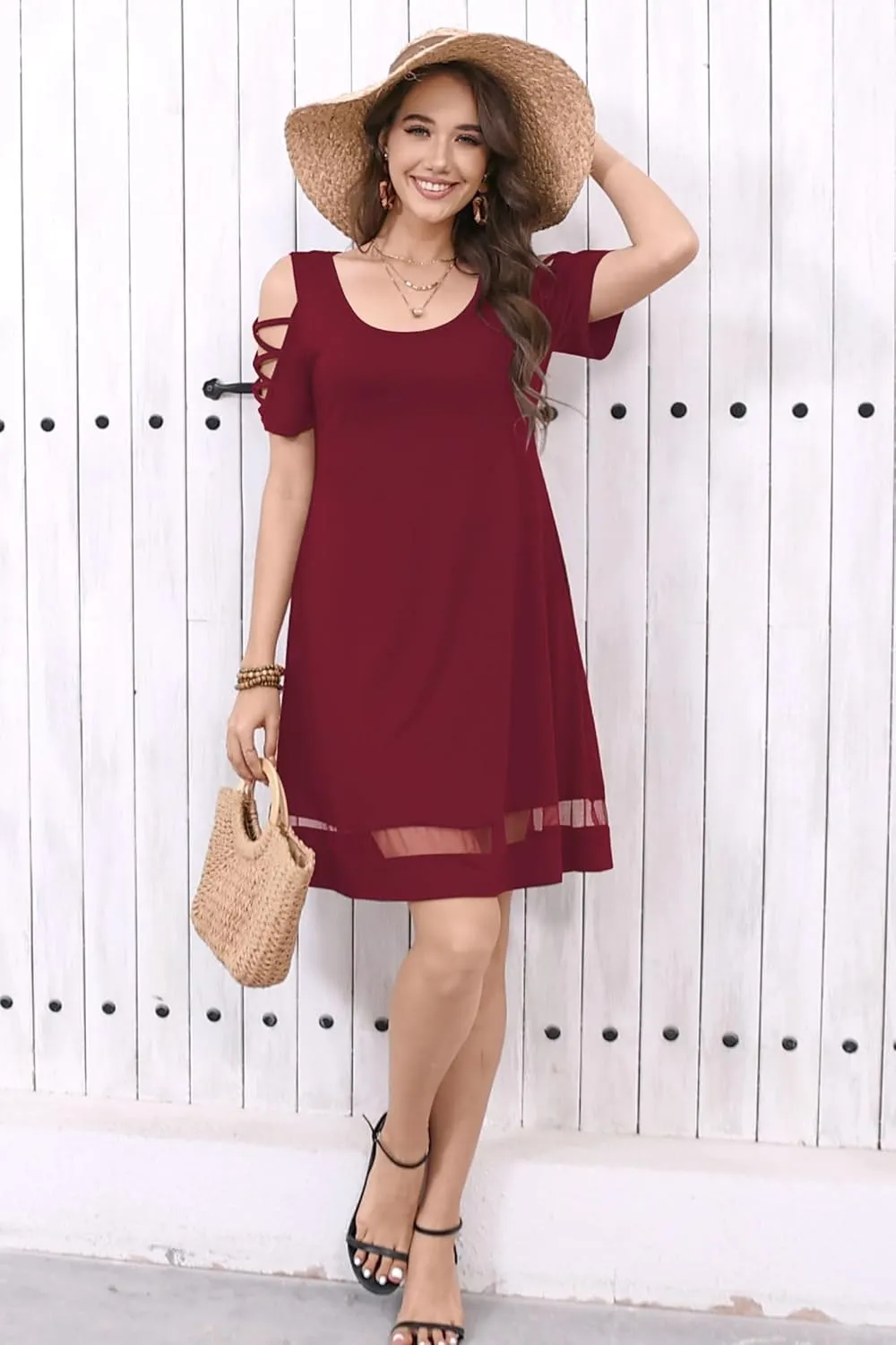 Womens Summer Dresses Hollow Sleeve Cold Shoulder Dress Stylish Basic Casual Regular Fit