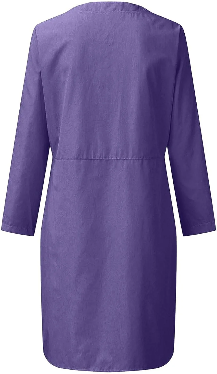 Womens Summer Dresses Plus Size Casual Cotton Linen Long Sleeve Mini Sundress Button Loose Fit Dress with Pockets
