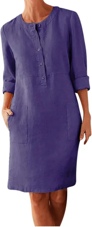 Womens Summer Dresses Plus Size Casual Cotton Linen Long Sleeve Mini Sundress Button Loose Fit Dress with Pockets