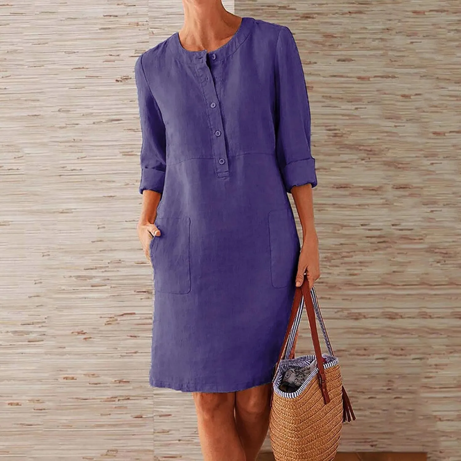 Womens Summer Dresses Plus Size Casual Cotton Linen Long Sleeve Mini Sundress Button Loose Fit Dress with Pockets