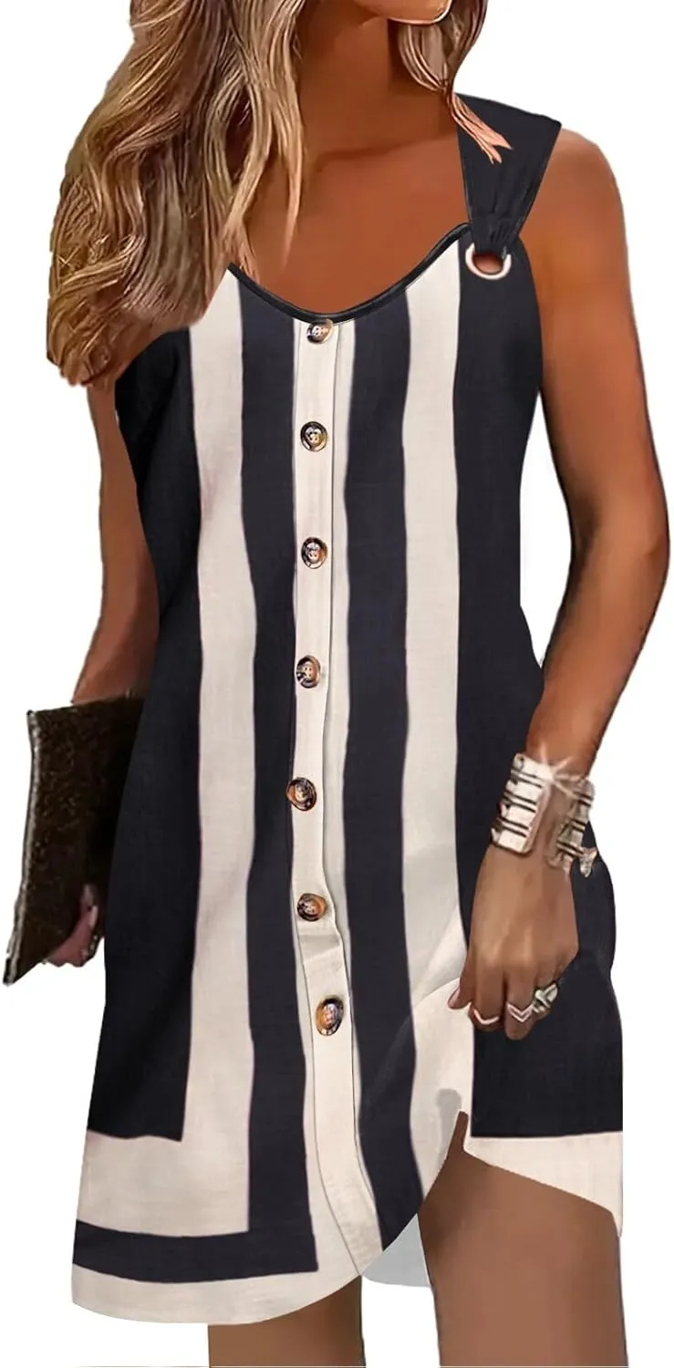 Womens Summer Dresses Scoop Neck O-Ring Shoulder Button Tank Sundress Casual Swing Short Dress