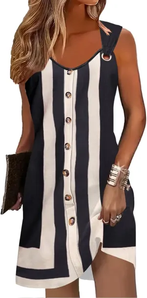 Womens Summer Dresses Scoop Neck O-Ring Shoulder Button Tank Sundress Casual Swing Short Dress