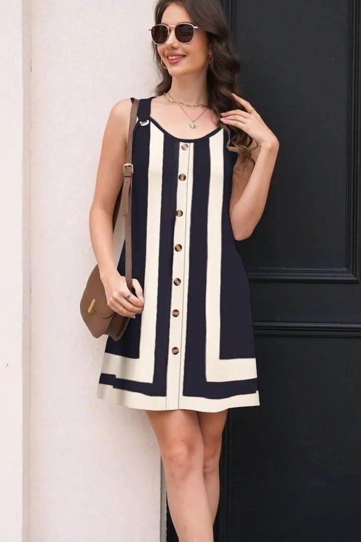 Womens Summer Dresses Scoop Neck O-Ring Shoulder Button Tank Sundress Casual Swing Short Dress