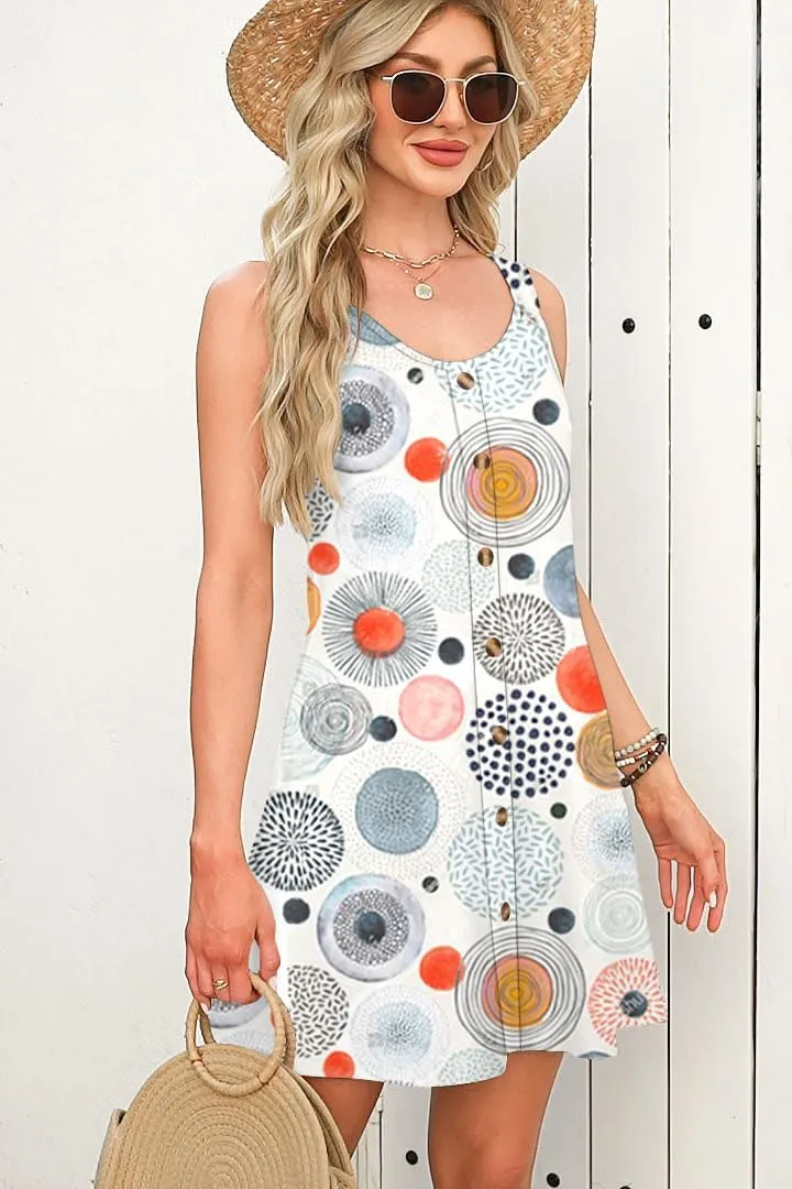 Womens Summer Dresses Scoop Neck O-Ring Shoulder Button Tank Sundress Casual Swing Short Dress