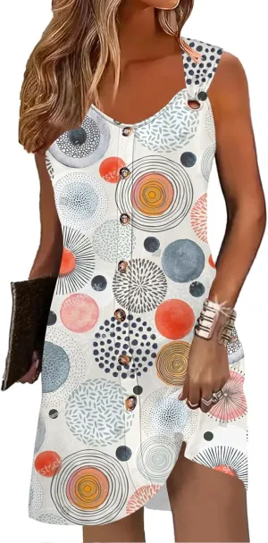 Womens Summer Dresses Scoop Neck O-Ring Shoulder Button Tank Sundress Casual Swing Short Dress