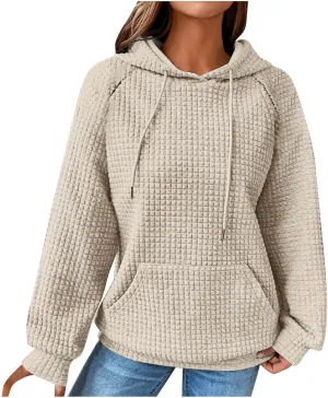 Womens Sweatshirt 2024 Casual Crewneck Long Sleeve Waffle Hoodies Loose Fit Pullover Tops Fall Shirts With Pockets