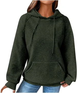 Womens Sweatshirt 2024 Casual Crewneck Long Sleeve Waffle Hoodies Loose Fit Pullover Tops Fall Shirts With Pockets