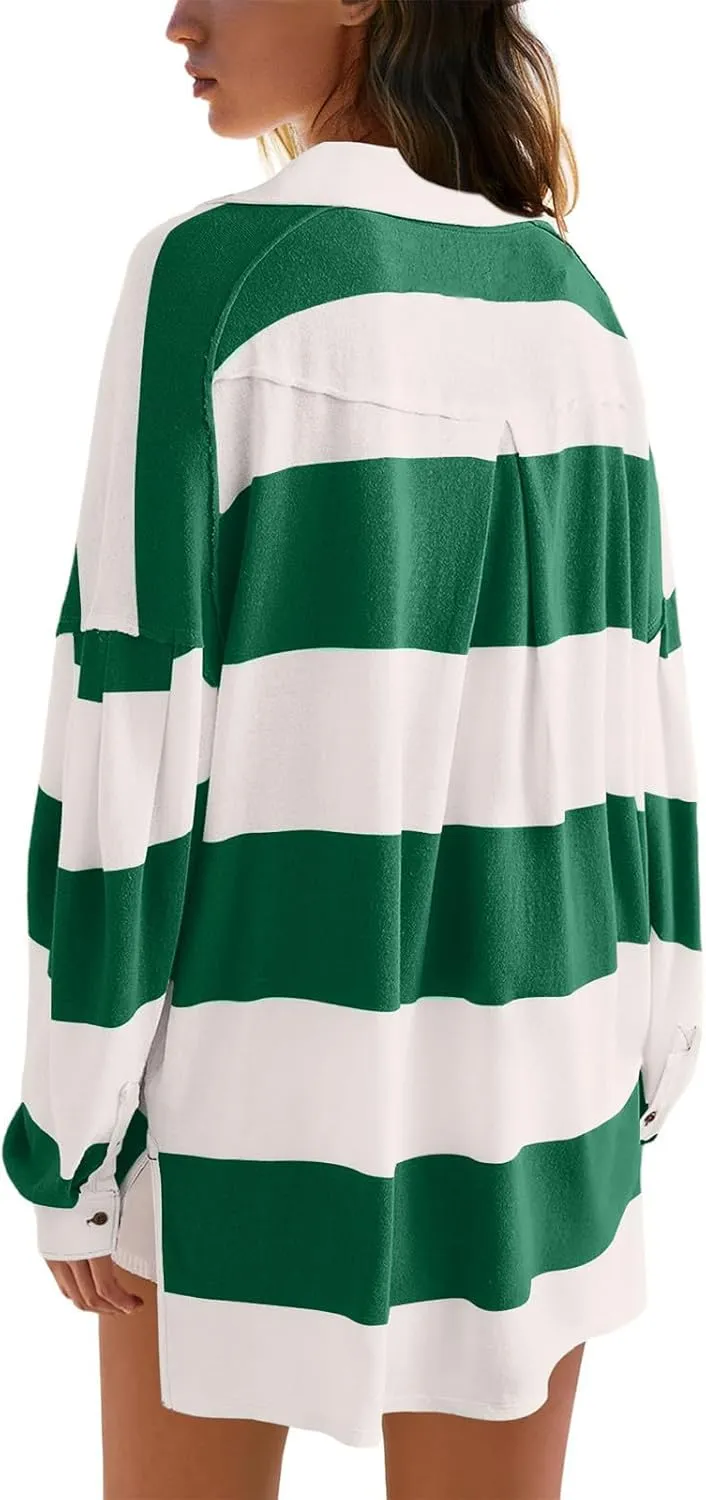 Womens Tops Dressy Casual Long Sleeve Quarter Buttons Striped Shirts Plus Size V Neck Oversized Blouse Fall Clothes