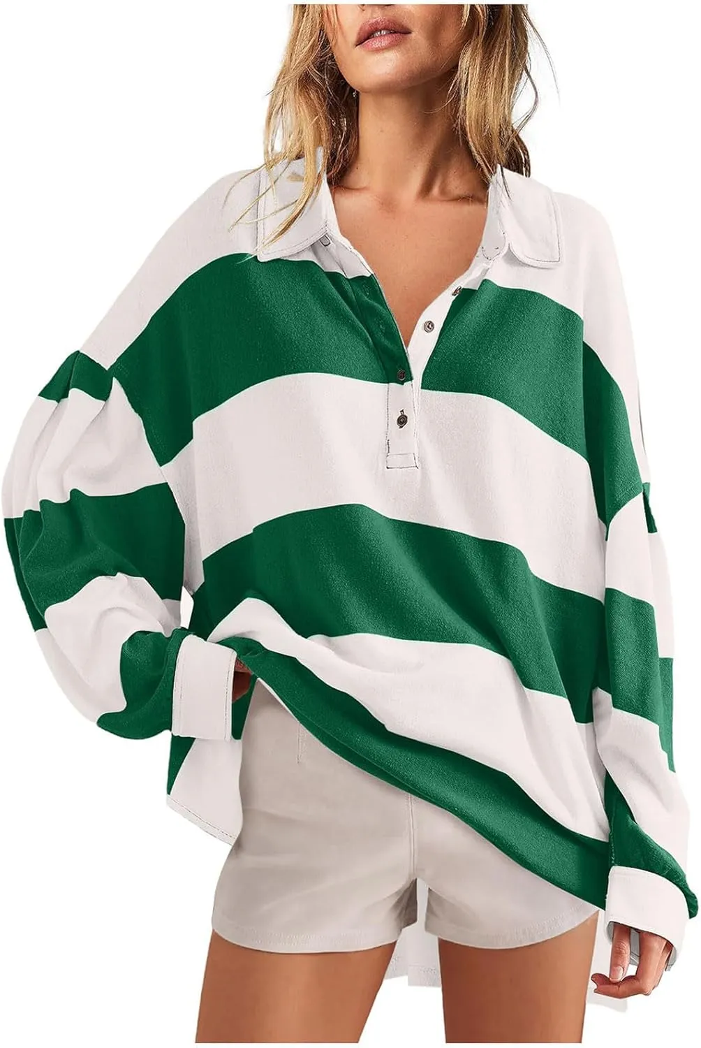 Womens Tops Dressy Casual Long Sleeve Quarter Buttons Striped Shirts Plus Size V Neck Oversized Blouse Fall Clothes