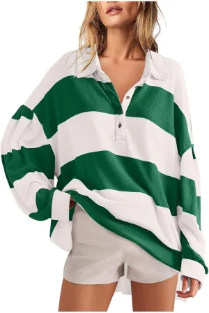 Womens Tops Dressy Casual Long Sleeve Quarter Buttons Striped Shirts Plus Size V Neck Oversized Blouse Fall Clothes