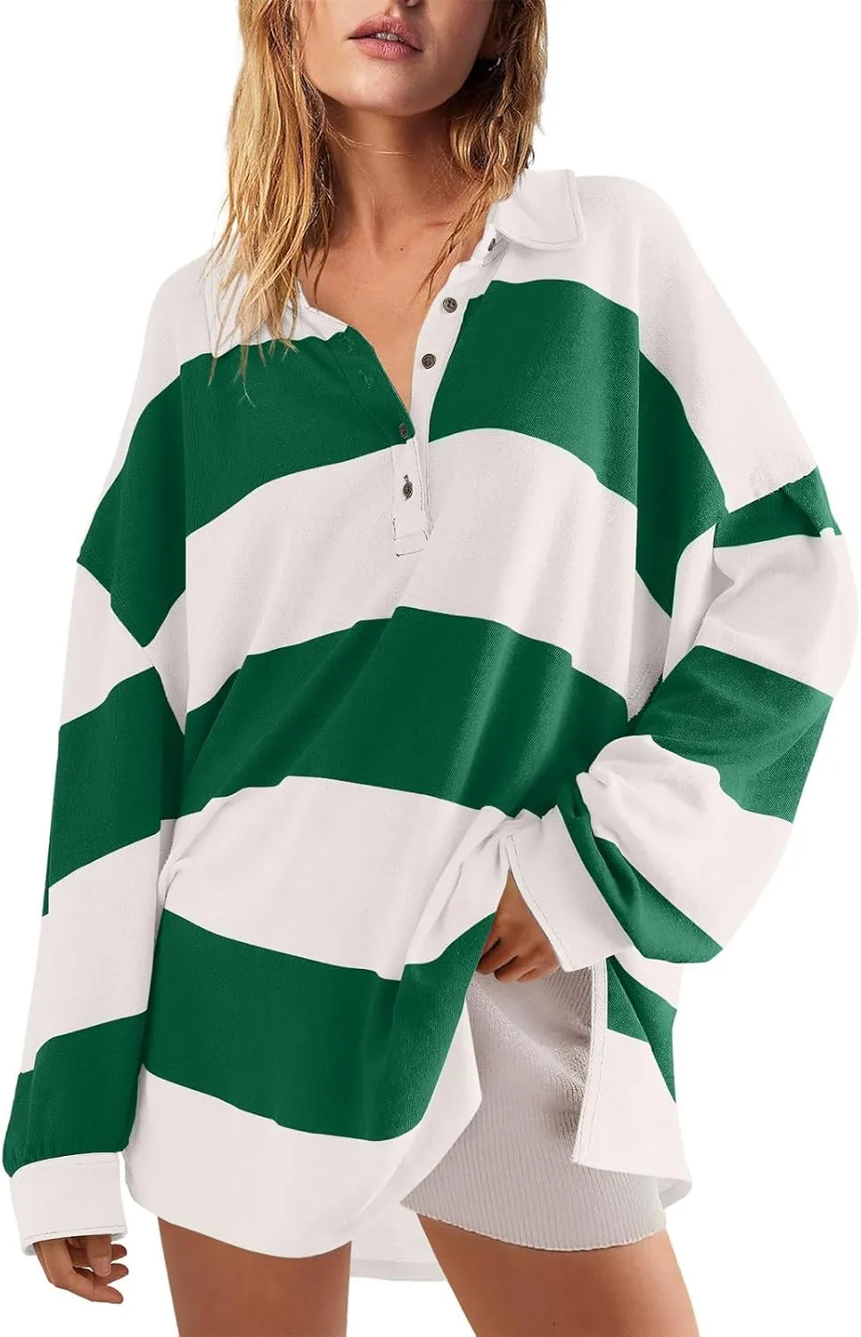 Womens Tops Dressy Casual Long Sleeve Quarter Buttons Striped Shirts Plus Size V Neck Oversized Blouse Fall Clothes
