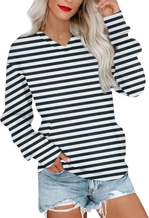 Womens Tops Trendy Striped V-Neck Sweatshirts Casual Long Sleeve Shirts Lightweight Pullover With Pockets