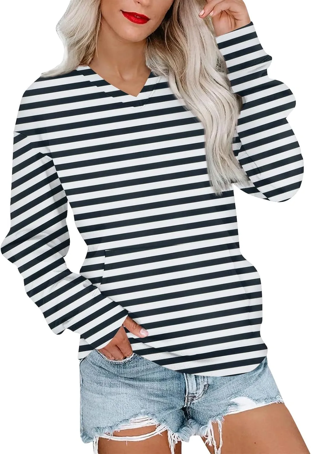 Womens Tops Trendy Striped V-Neck Sweatshirts Casual Long Sleeve Shirts Lightweight Pullover With Pockets