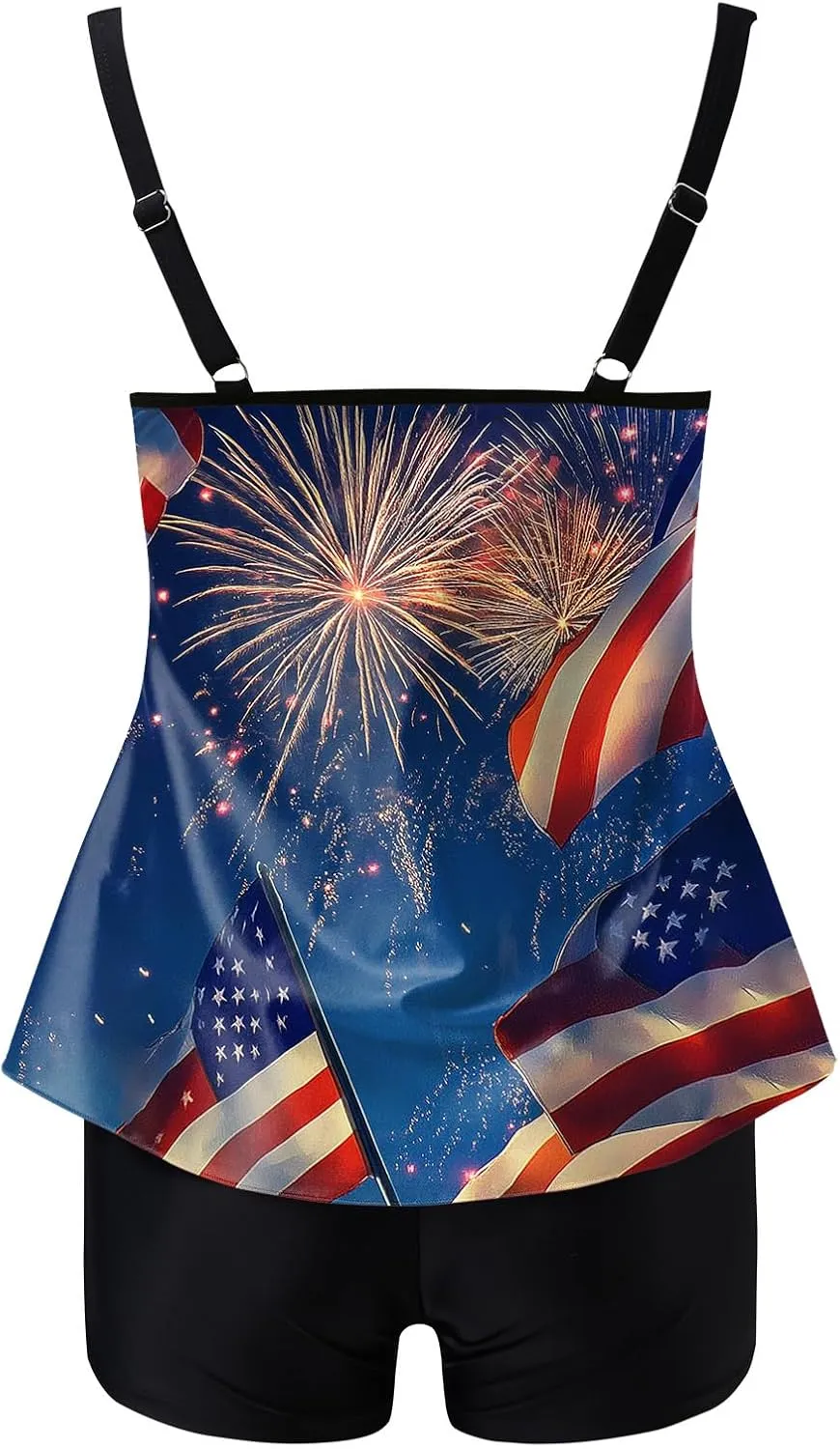 Womens Tummy Control Bathing Suits 4th of July Modest Bikini Sets Star Striped Halter 2 Piece Swim Suits