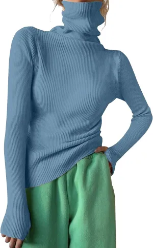 Women's Turtleneck Ribbed Knit Sweater Fall Fashoin Thermal Thumb Hole Jumper Soft Comfy Stretchy Slim Fit Casual Top
