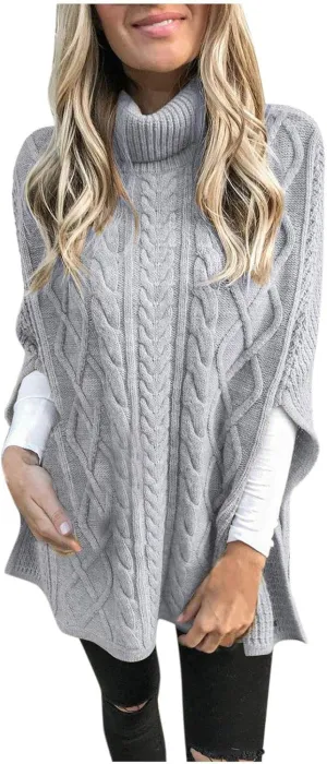 Women's Turtleneck Sweaters Chunky Cable Knit Pullover 2023 Fall Fashion Side Slit Poncho Sweater Shawl Top