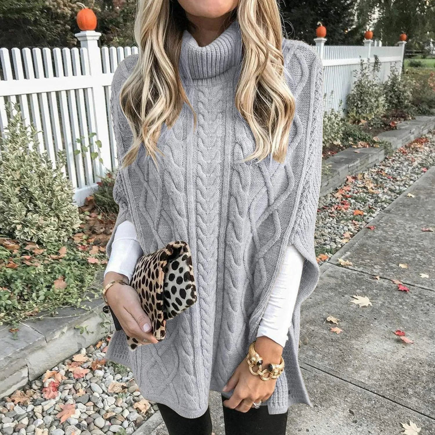 Women's Turtleneck Sweaters Chunky Cable Knit Pullover 2023 Fall Fashion Side Slit Poncho Sweater Shawl Top