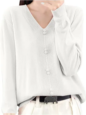 Women's V Neck Sweater Knitted Lightweight Button Decro Shirt Drop Shoulder Striped Long Sleeve Solid Fashion Shirt