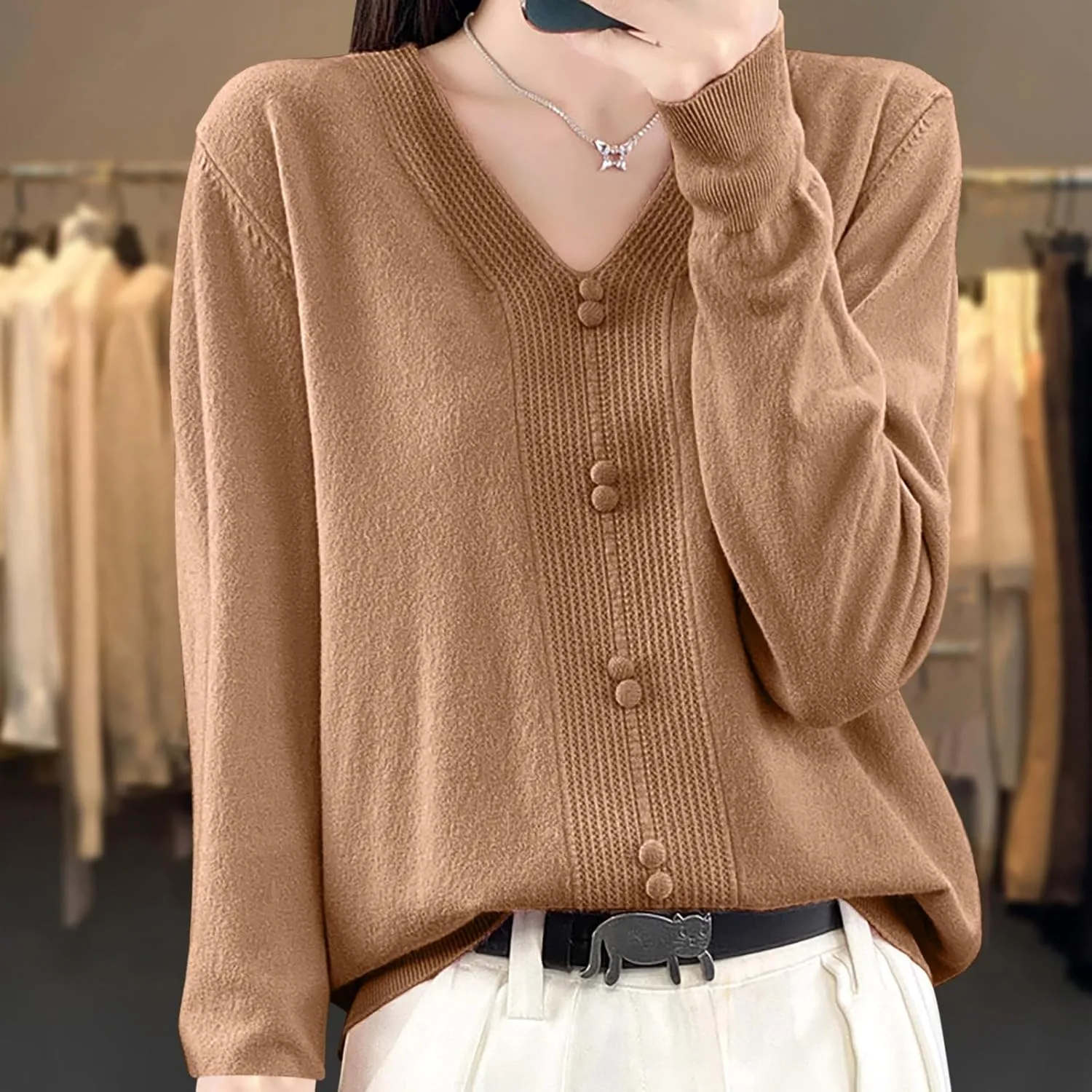 Women's V Neck Sweater Knitted Lightweight Button Decro Shirt Drop Shoulder Striped Long Sleeve Solid Fashion Shirt