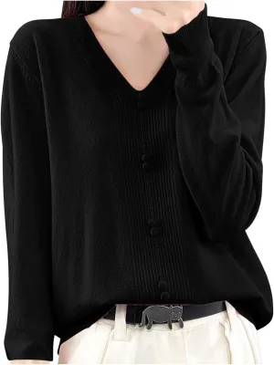 Women's V Neck Sweater Knitted Lightweight Button Decro Shirt Drop Shoulder Striped Long Sleeve Solid Fashion Shirt