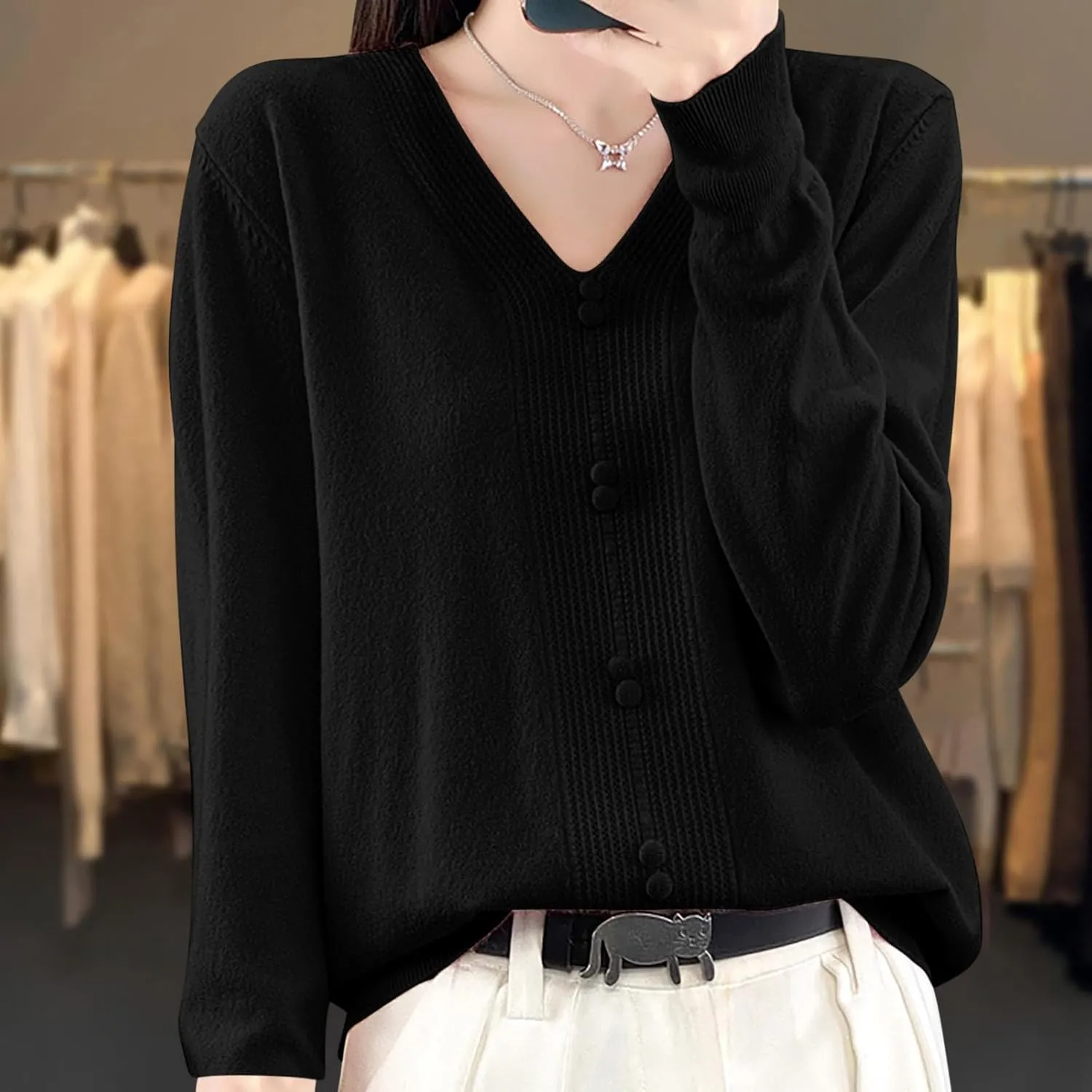 Women's V Neck Sweater Knitted Lightweight Button Decro Shirt Drop Shoulder Striped Long Sleeve Solid Fashion Shirt