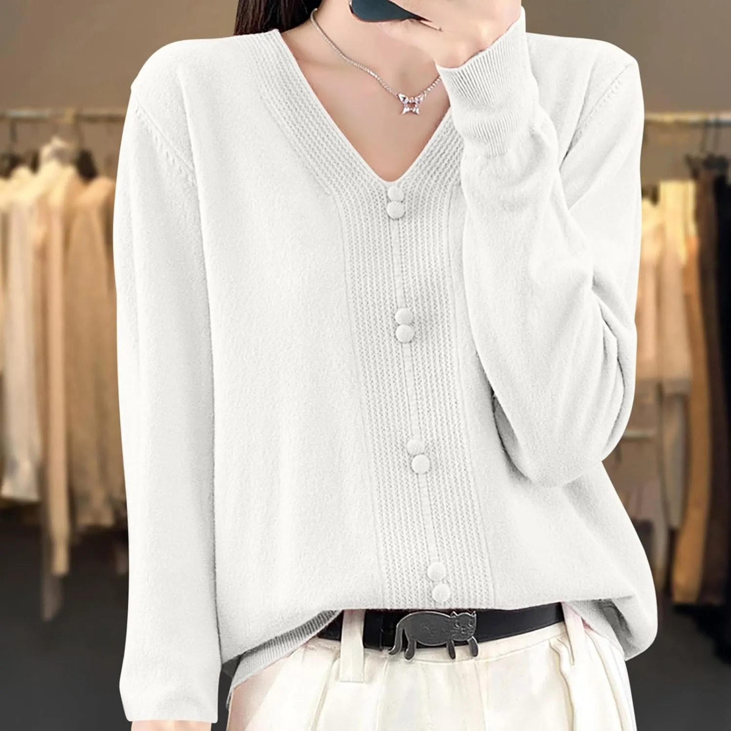 Women's V Neck Sweater Knitted Lightweight Button Decro Shirt Drop Shoulder Striped Long Sleeve Solid Fashion Shirt