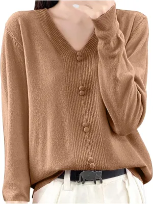Women's V Neck Sweater Knitted Lightweight Button Decro Shirt Drop Shoulder Striped Long Sleeve Solid Fashion Shirt