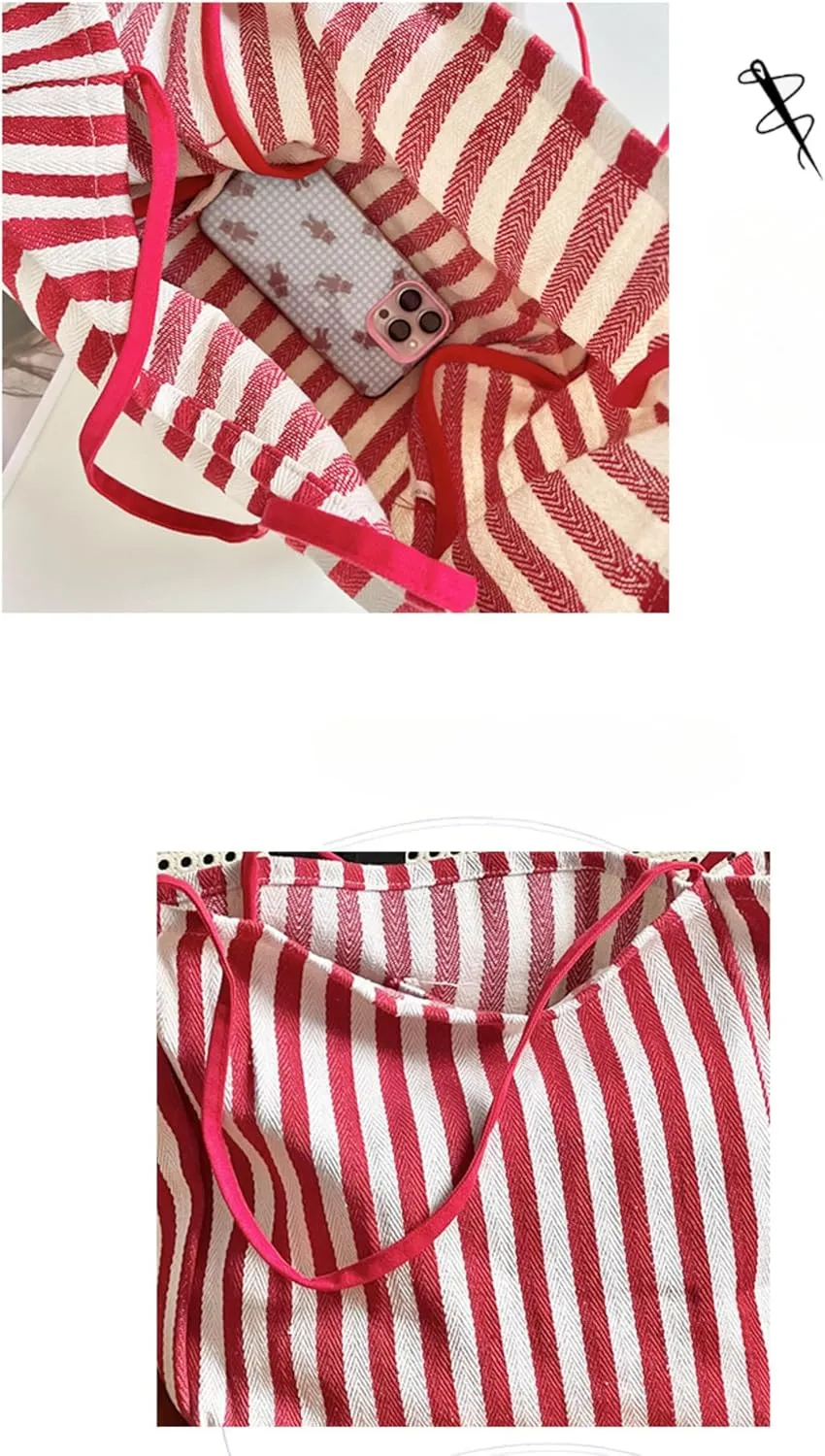 Women's Vintage Striped Shoulder Bag, Retro Large Capacity Totes, Female Trendy Art Shopping Bag