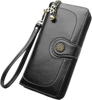Women's Wallet Oily Wax Leather Clutch Tote Bag for Women Formal Clutch Purse Black