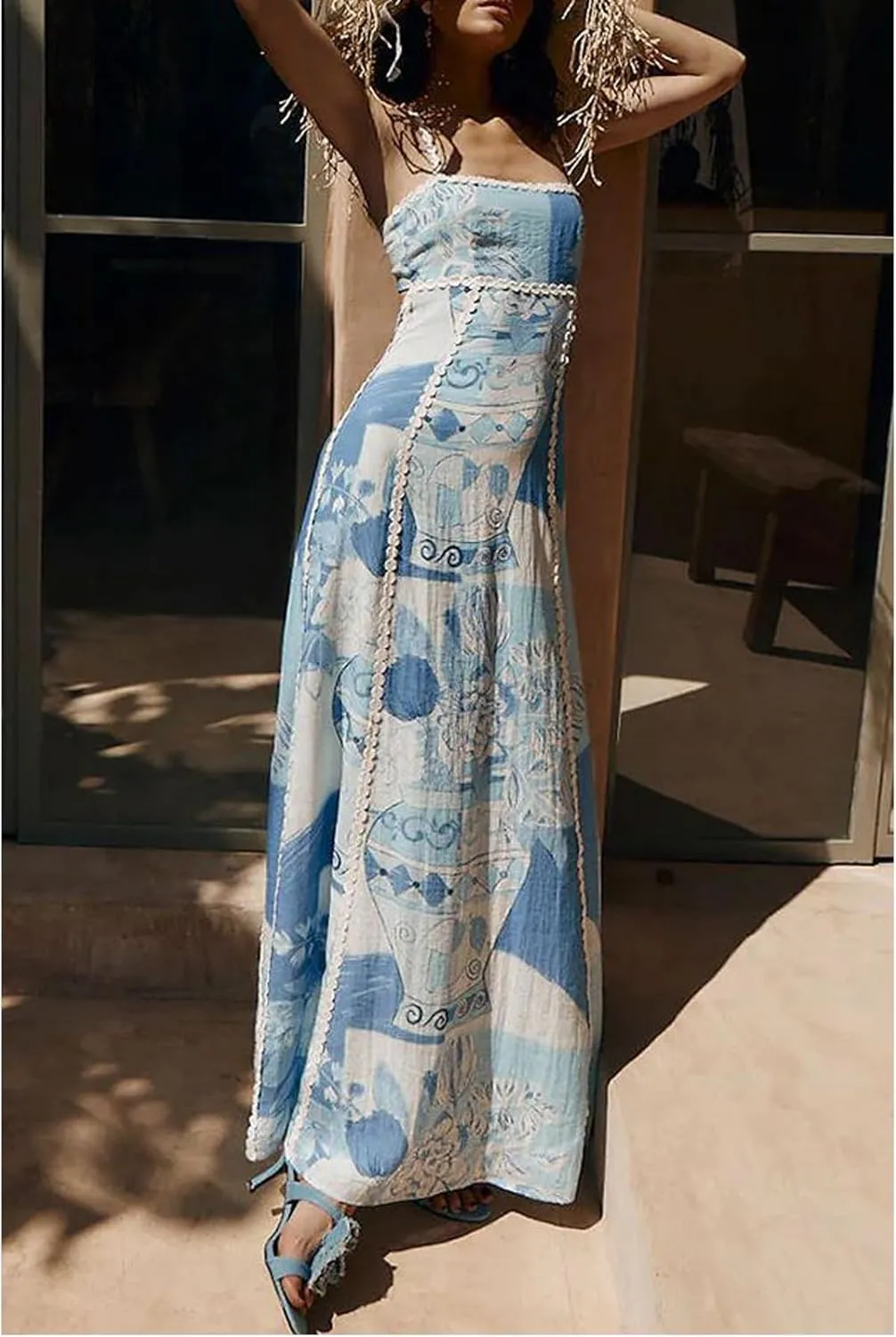 Womens Y2k Boho Palm Print Spaghetti Strap Midi Flowy Dress Cute Floral Ruffle Cami Maxi Dresses Summer Sundress