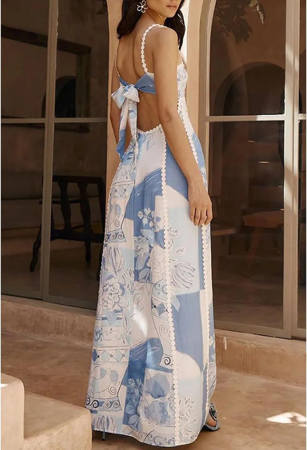 Womens Y2k Boho Palm Print Spaghetti Strap Midi Flowy Dress Cute Floral Ruffle Cami Maxi Dresses Summer Sundress