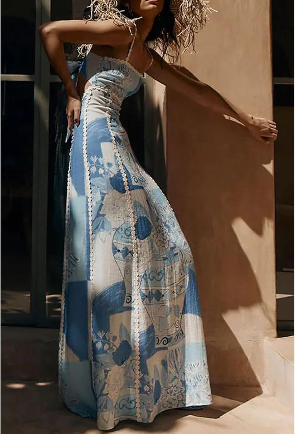 Womens Y2k Boho Palm Print Spaghetti Strap Midi Flowy Dress Cute Floral Ruffle Cami Maxi Dresses Summer Sundress