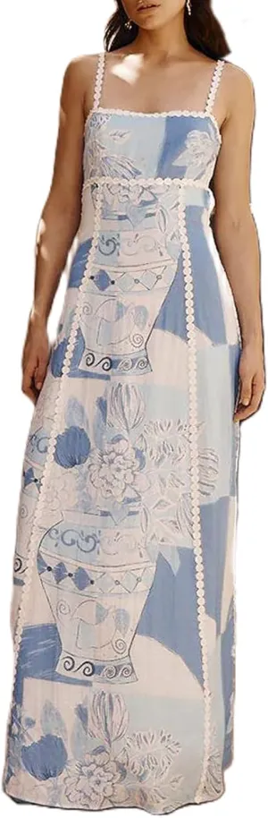 Womens Y2k Boho Palm Print Spaghetti Strap Midi Flowy Dress Cute Floral Ruffle Cami Maxi Dresses Summer Sundress