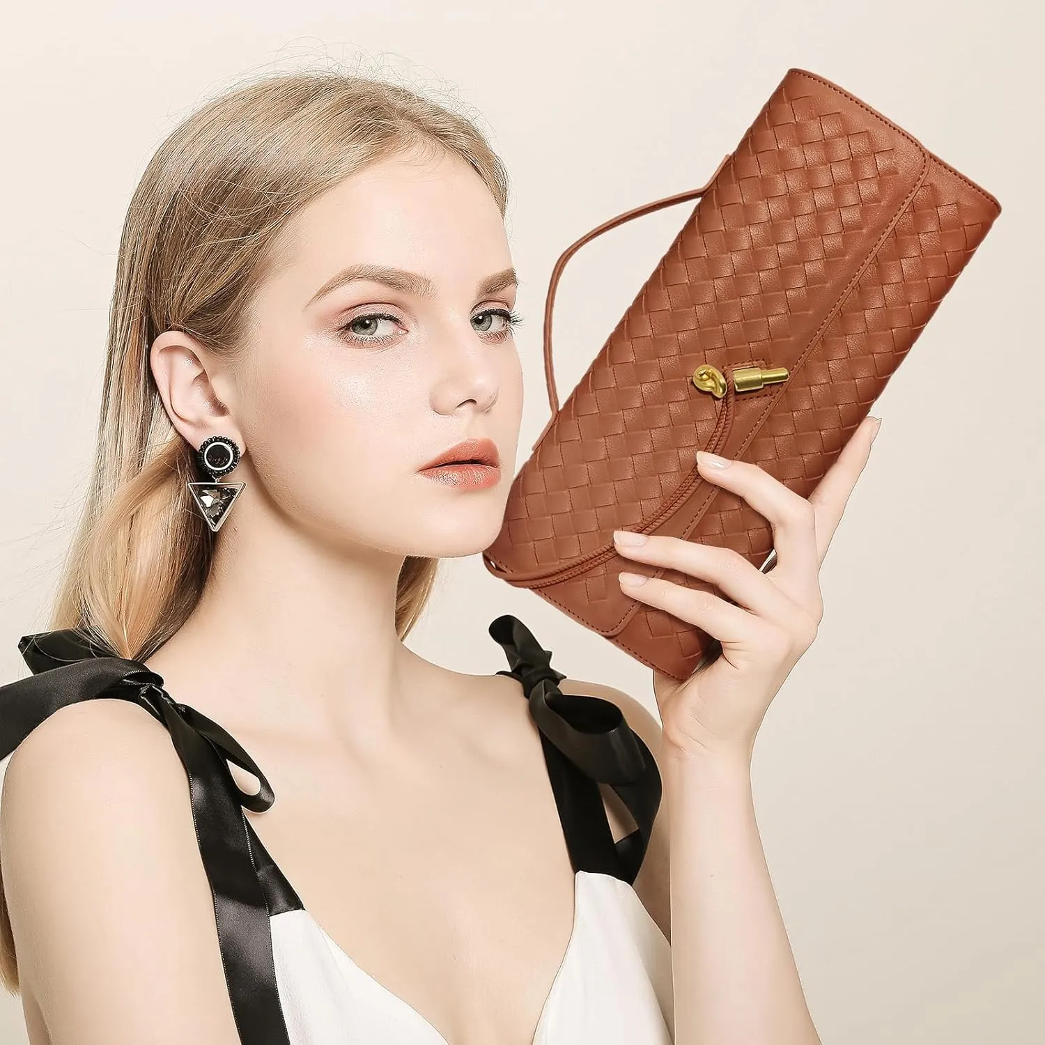 Woven Clutch Purses for Women, Leather Evening Bag Shoulder Handbag Formal Satchel Crossbody Purse Party Bag