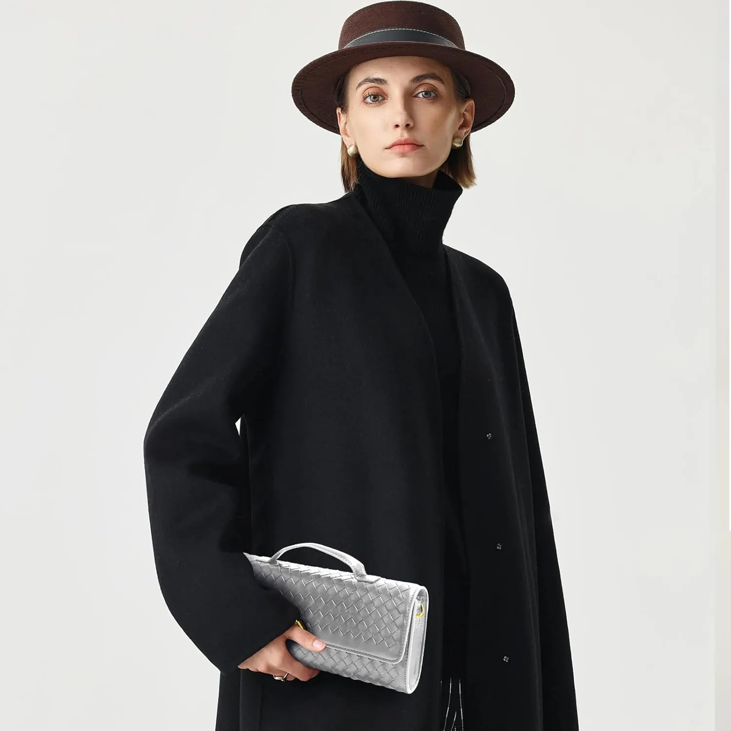 Woven Clutch Purses for Women, Leather Evening Bag Shoulder Handbag Formal Satchel Crossbody Purse Party Bag
