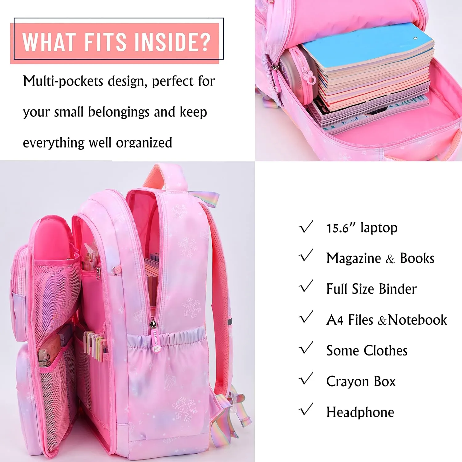 Wraifa Girls Backpack Elementary School Backpacks for Girls Cute Princess Preschool Middle School Bag Kids Bookbag (Pink With Lunch Box)