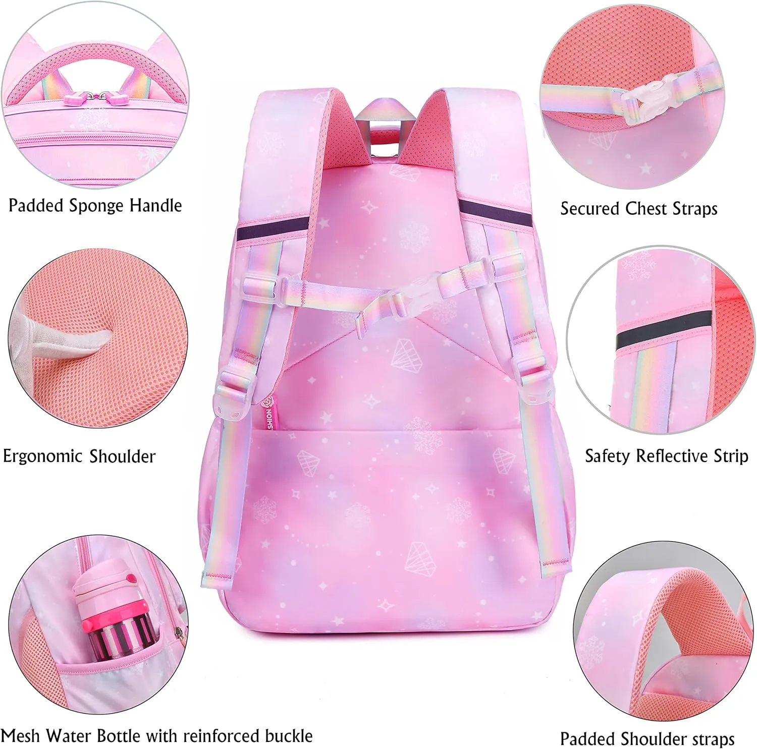 Wraifa Girls Backpack Elementary School Backpacks for Girls Cute Princess Preschool Middle School Bag Kids Bookbag (Pink With Lunch Box)