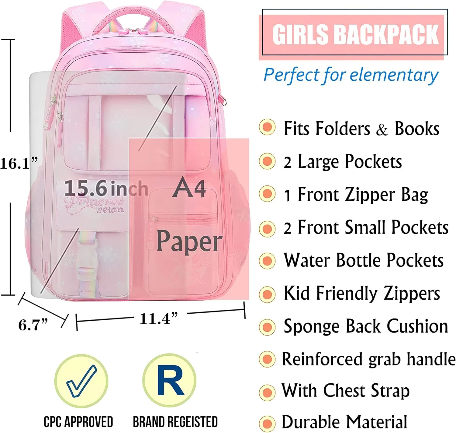 Wraifa Girls Backpack Elementary School Backpacks for Girls Cute Princess Preschool Middle School Bag Kids Bookbag (Pink With Lunch Box)