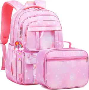 Wraifa Girls Backpack Elementary School Backpacks for Girls Cute Princess Preschool Middle School Bag Kids Bookbag (Pink With Lunch Box)