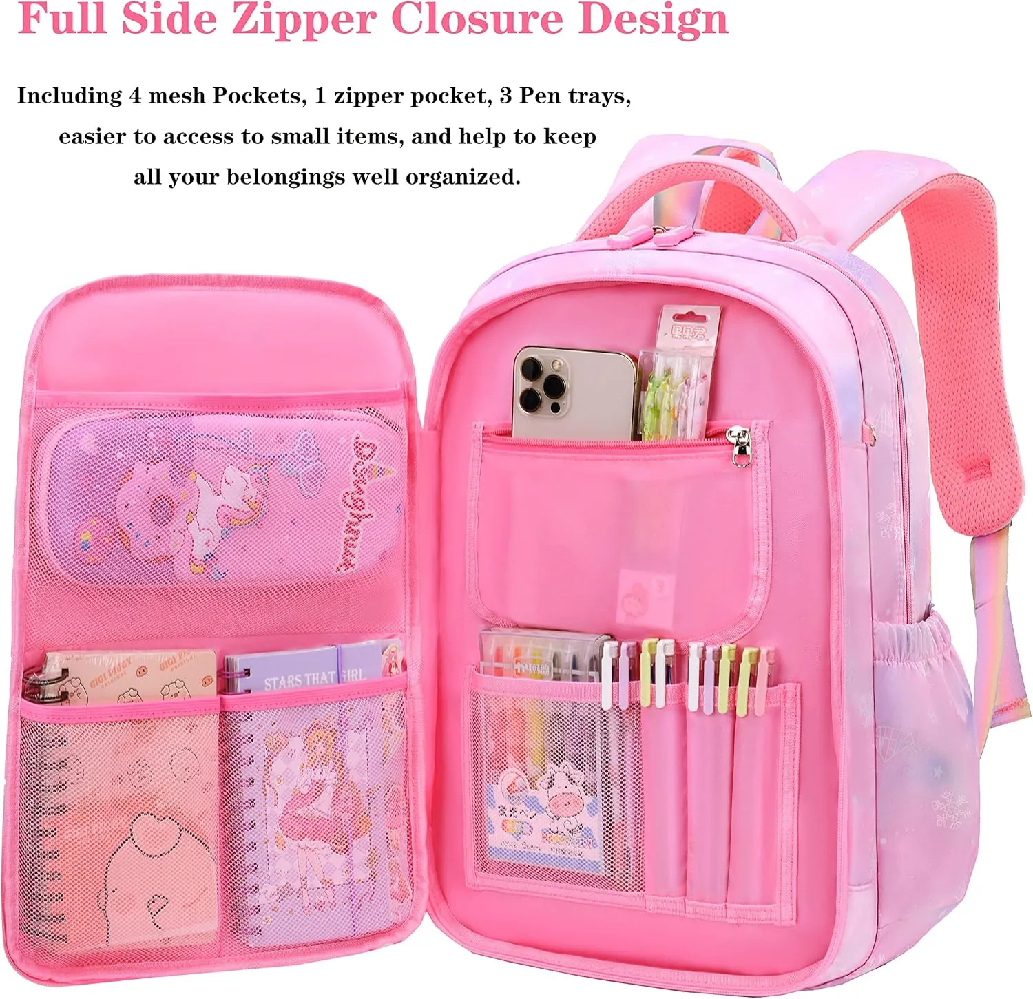 Wraifa Girls Backpack Elementary School Backpacks for Girls Cute Princess Preschool Middle School Bag Kids Bookbag (Pink With Lunch Box)