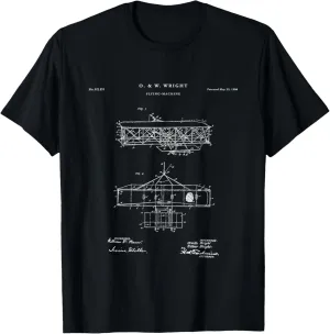 Wright Brothers Patent T-Shirt - Unisex-Adults, Black, Small, Short Sleeve