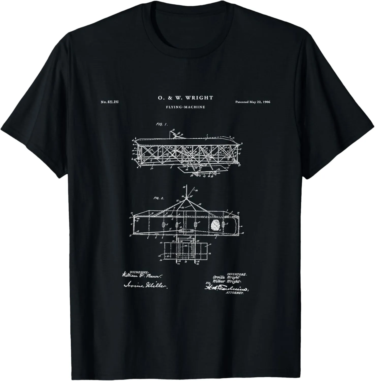 Wright Brothers Patent T-Shirt - Unisex-Adults, Black, Small, Short Sleeve