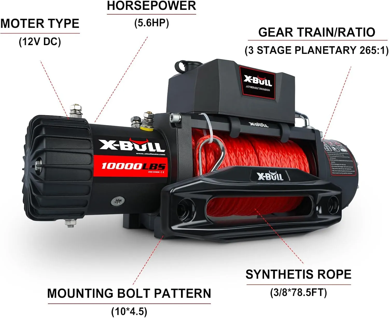 X-BULL Winch 10000 lb. Load Capacity Electric Winch Kit 12V Synthetic Rope,Waterproof Electric Winch with Hawse Fairlead, with Wireless Handheld Remote and Corded Control Recovery