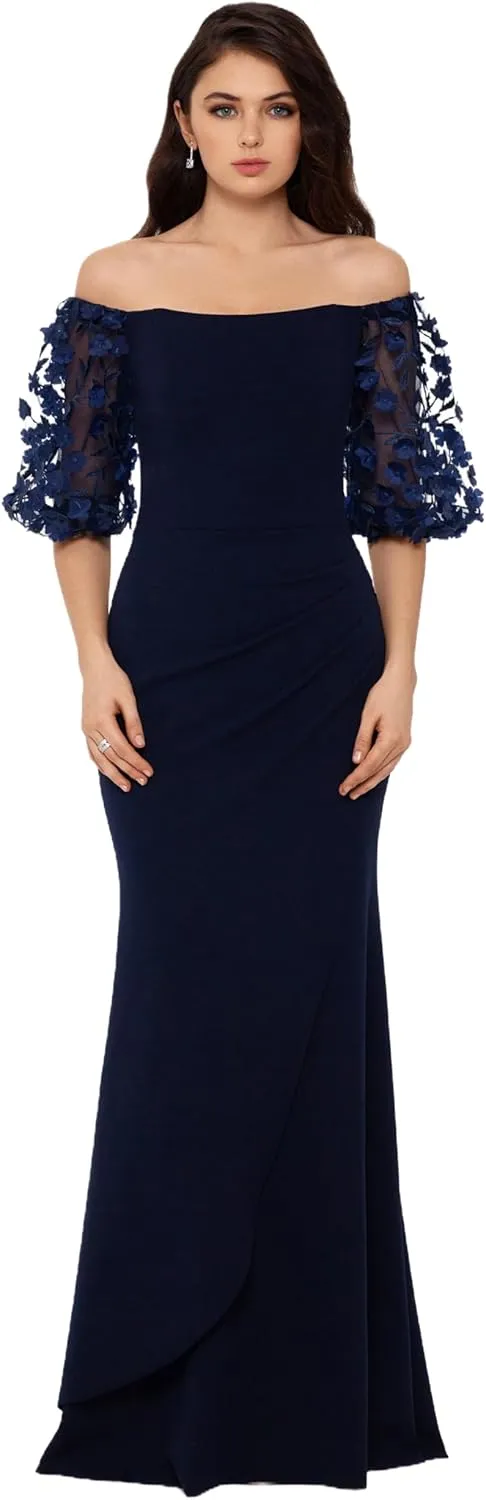 Xscape Women's Illusion Sleeve Off The Shoulder Long Dress (Reg and Petite)