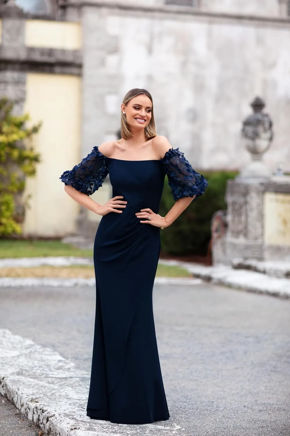 Xscape Women's Illusion Sleeve Off The Shoulder Long Dress (Reg and Petite)