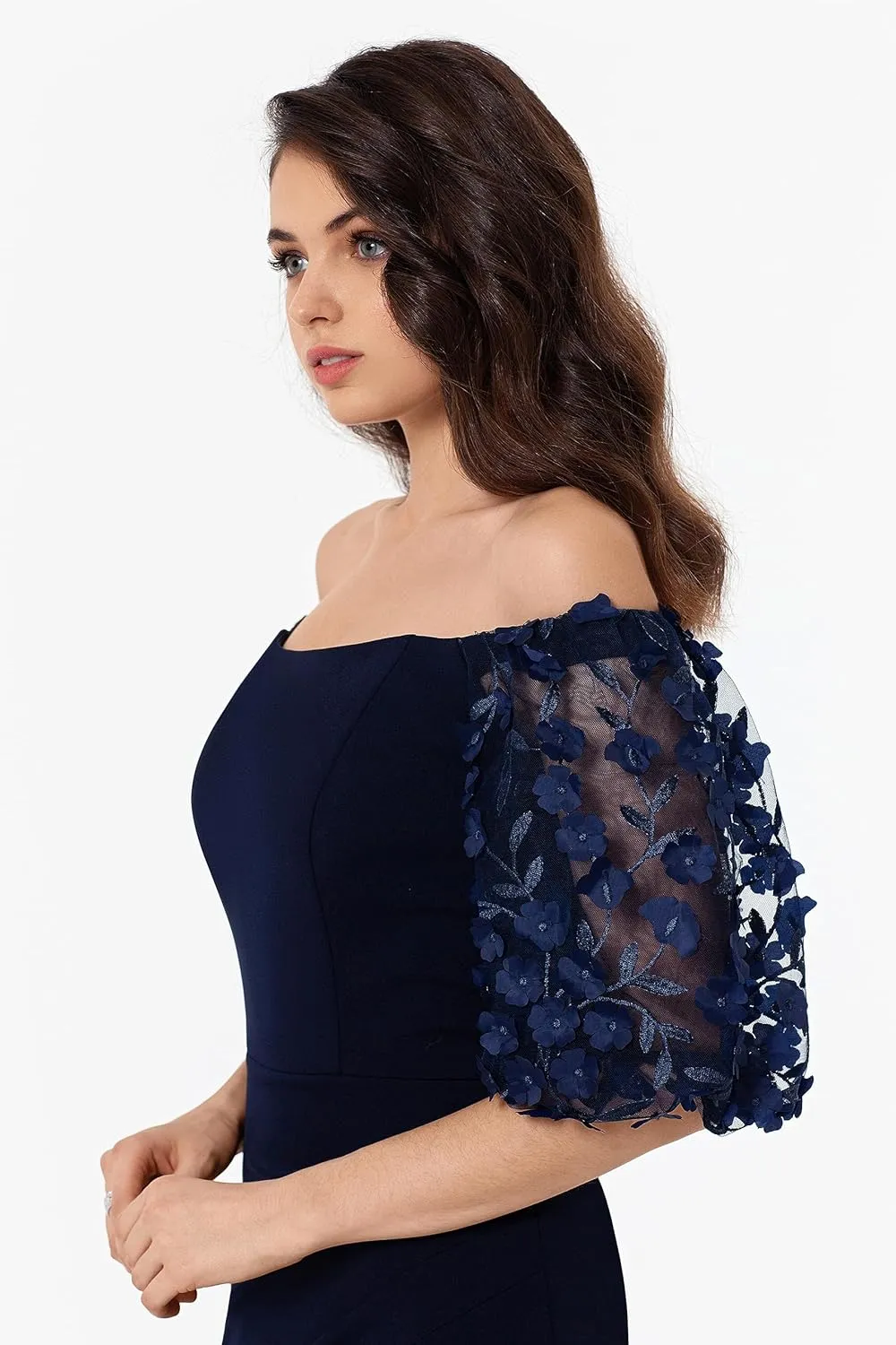 Xscape Women's Illusion Sleeve Off The Shoulder Long Dress (Reg and Petite)