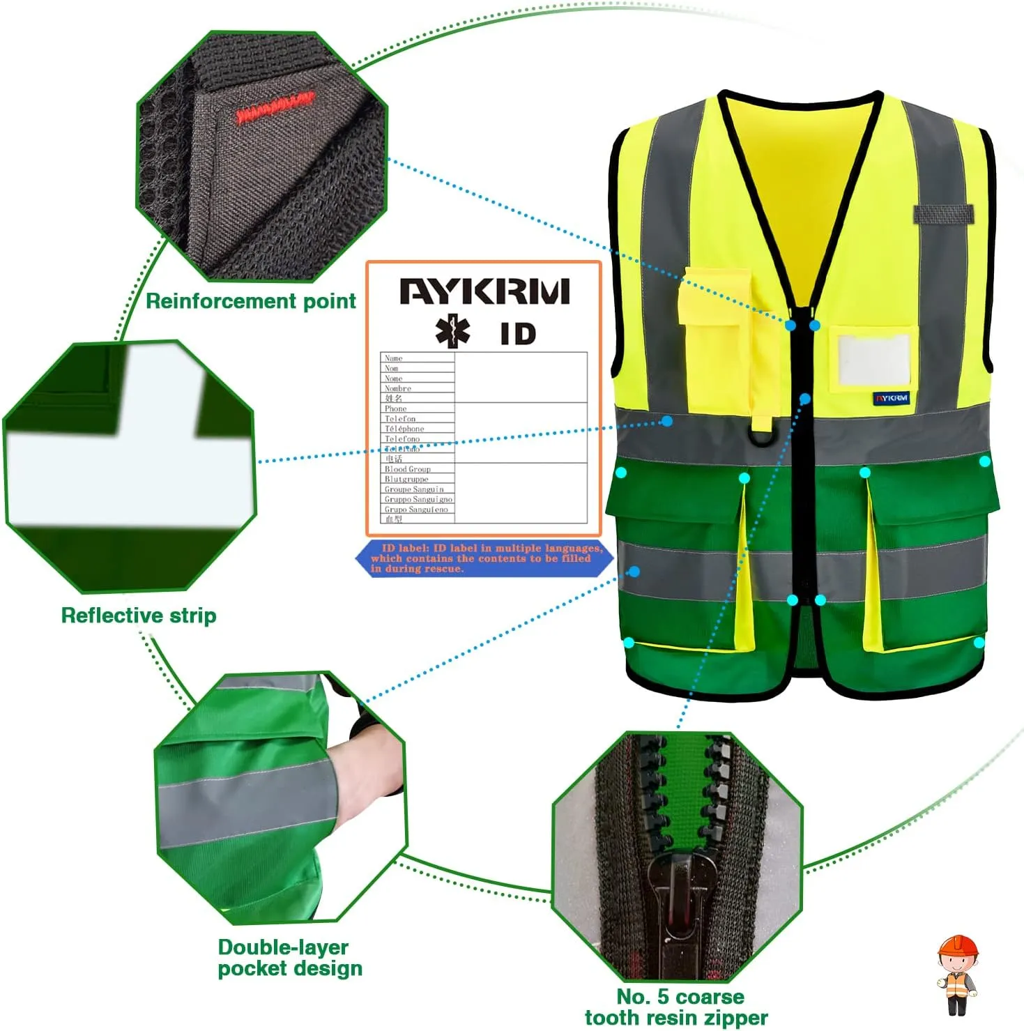 XSMALL High Visibility REFLECTIVE WORK Yellow green Safety Vest with zipper Reflective Strips 7 Pockets