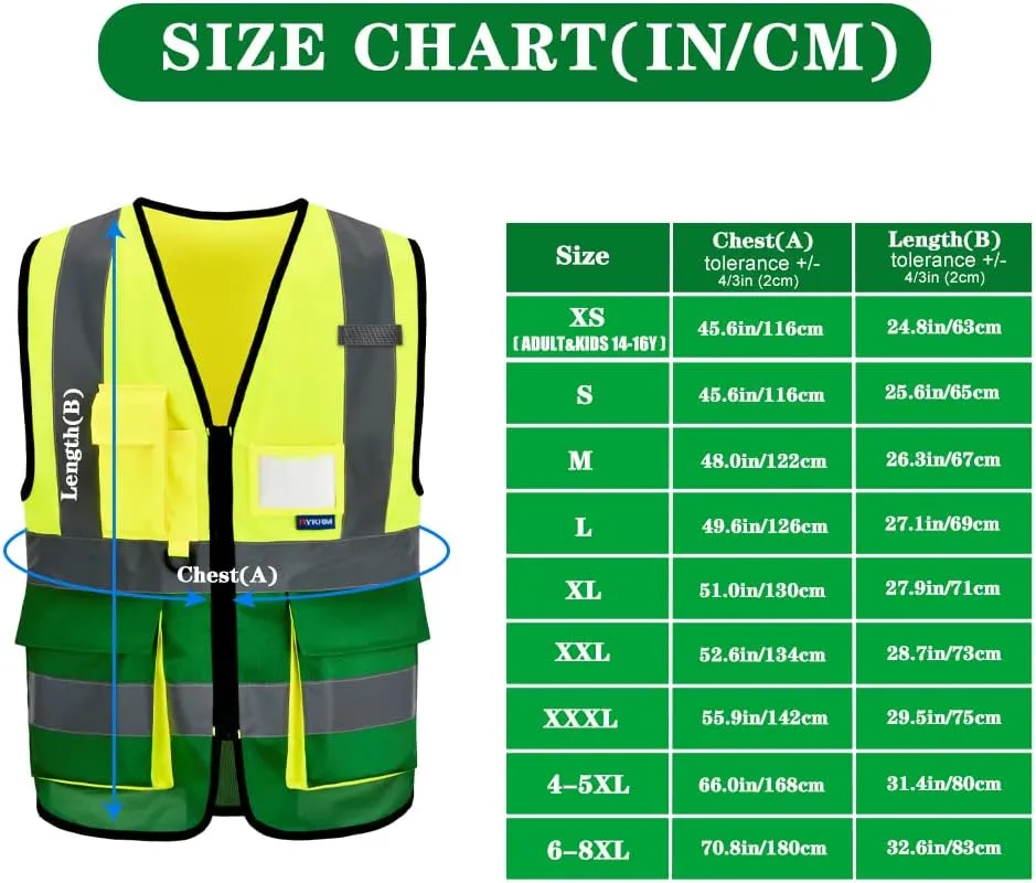 XSMALL High Visibility REFLECTIVE WORK Yellow green Safety Vest with zipper Reflective Strips 7 Pockets