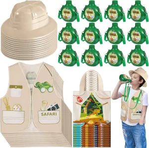 Xuhal 48 Pcs Kids Explorer Costume Set Kids Explorer Hats Jungle Party Vest Safari Tote Bag Canteens Water Bottles Stickers for Outdoor Activity Safari Costume Jungle Theme Party Supplies Favors Gifts