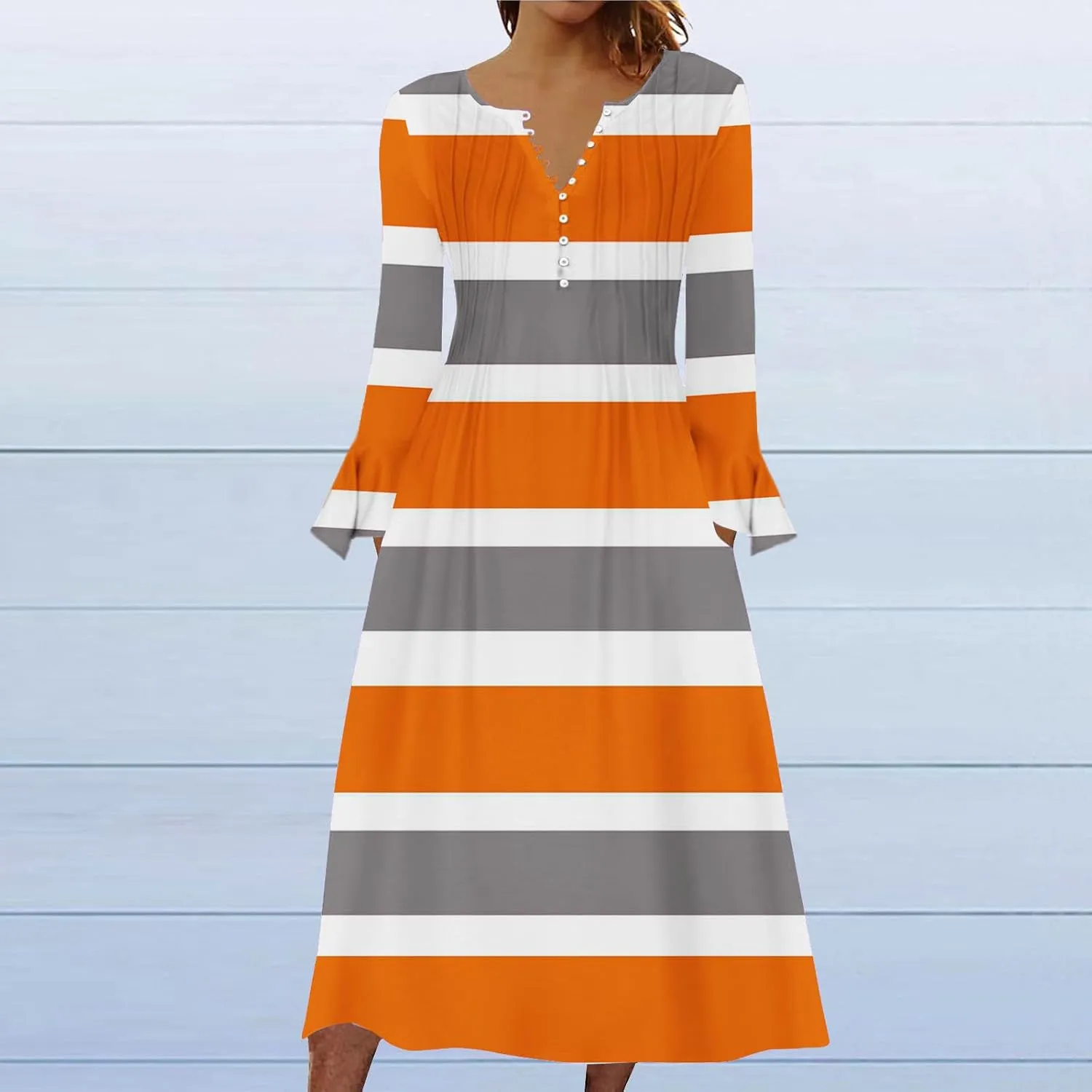 XUNRYAN Womens Long Sleeve Dresses Summer Spring Pleated Striped Casual Button V-Neck Midi Dress Calf Length Swing Sundress